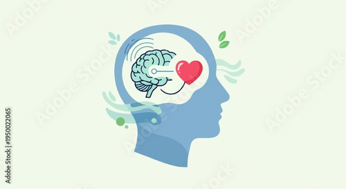 Blue human head profile with brain and heart in thought bubble on green background