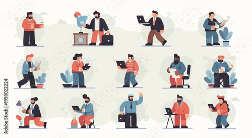 Diverse professionals interacting with technology and achieving success