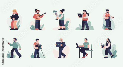 Diverse stylized individuals engaged in various activities like playing music and working