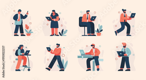 Diverse professionals interacting with technology, working remotely, or in office settings