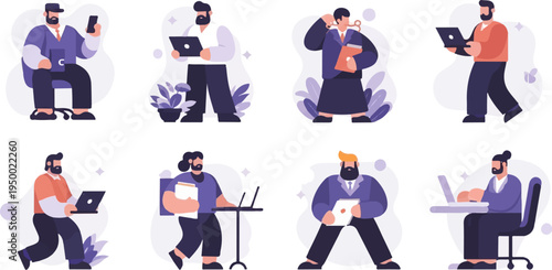 Diverse professionals engaged in work with devices and in office settings