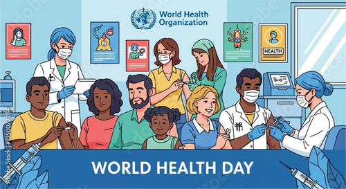 Diverse group of people receiving medical care on world health day in a clinic