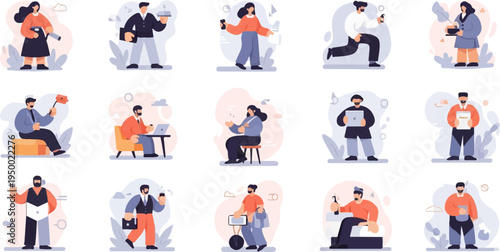 Diverse stylized individuals engaged in various daily activities and work