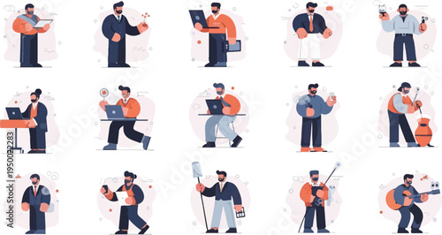 Diverse professionals engaged in various tasks, from technology to artisanal crafts