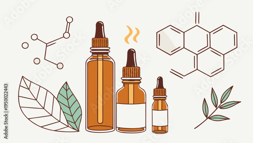 A vector graphic illustration of amber glass bottles with dropper lids surrounded by leaves and molecular structures