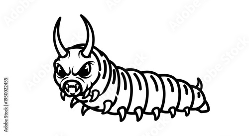 A simple black and white drawing of a caterpillar with horns and many legs.