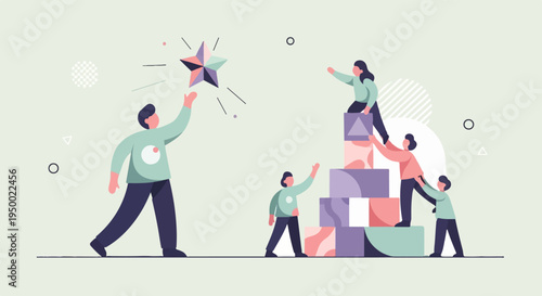 Diverse team collaborates building blocks towards a shining star goal