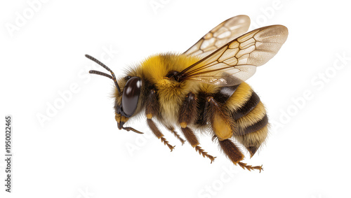 Isolated fluffy bumblebee in mid-flight, a close-up studio shot highlighting its furry body and delicate wings
