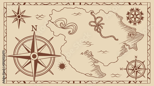 A vintage-style vector illustration of a treasure map with a compass and octopus