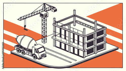 A vector graphic illustration of a construction site with a crane, building, and cement truck