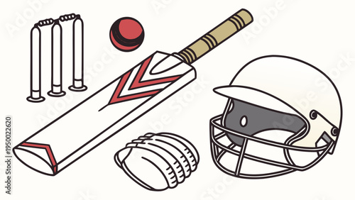 A vector graphic illustration of cricket equipment including a bat, ball, helmet, and wickets