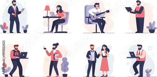 Diverse professionals engage in various work and leisure activities in stylized illustrations