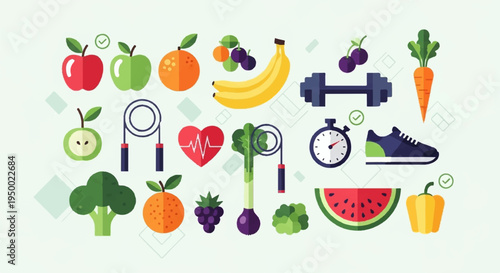 Healthy lifestyle icons with fruits vegetables fitness equipment and healthy food for wellness and nutrition