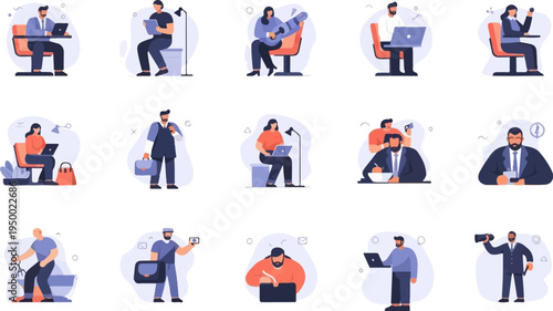 Diverse professionals engage in various work and leisure activities