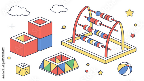 A colorful vector illustration of educational toys and objects for children to learn and play