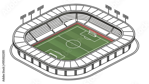 A minimalist vector illustration of a soccer stadium with a green field and white lines