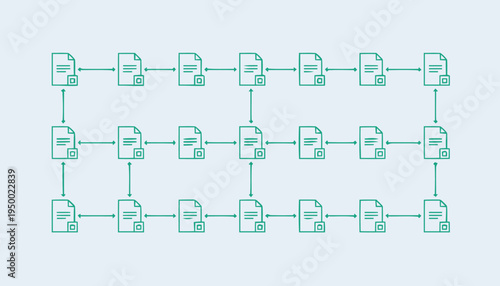 Blockchain network with interconnected document icons representing distributed ledger technology.
