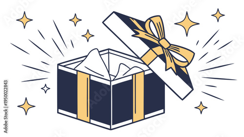 A vector graphic illustration of an open gift box with a gold ribbon and stars