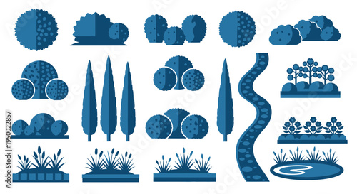 Garden Elements Collection: Trees, Bushes, Path, Pond, Flowers, Plants