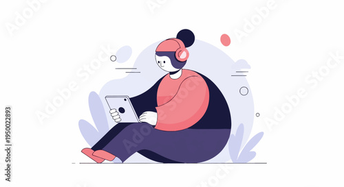 Flat design of person with headphones using a tablet, surrounded by abstract shapes and plants