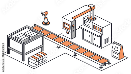 A modern factory production line with conveyor belt and robotic arm in a minimalist vector illustration
