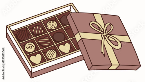 A vector graphic illustration of a brown gift box filled with assorted chocolates and tied with a yellow ribbon.