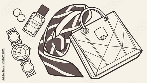 A stylish vector illustration of a handbag, scarf, perfume, earrings, and watches in a modern flat design.