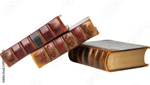 Isolated antique leather-bound books stacked and lying flat, showcasing ornate spines