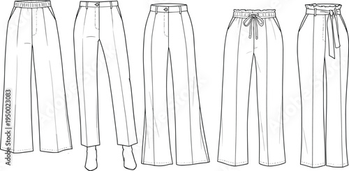 CAD drawing flat vector illustration of women’s wide-leg pants fashion template, front view, five styles, belted, drawstring, tailored
