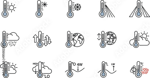 Temperature climate and weather thermometer line icon set with heat cold measurement vector illustration collection