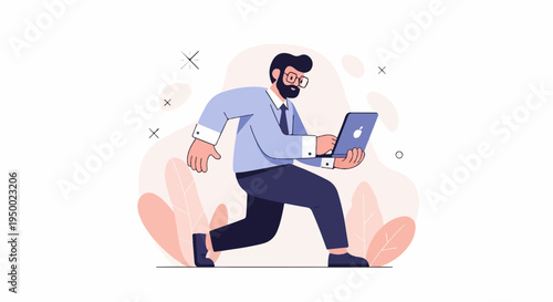 Dynamic businessman running with a laptop, modern flat art style