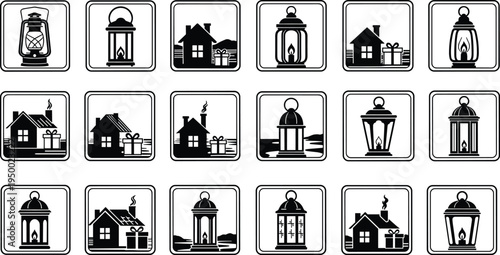 Black and white winter lantern and house icon set featuring cozy cabins, gifts, glowing lamps, seasonal holiday symbols, and festive decoration elements