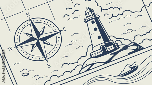 A minimalist vector illustration of a lighthouse on a rocky coastline with a compass in the background