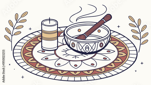 A vector graphic illustration of a steaming cup of tea with a spoon on a decorative plate and saucer, accompanied by a candle and surrounded by leaves.