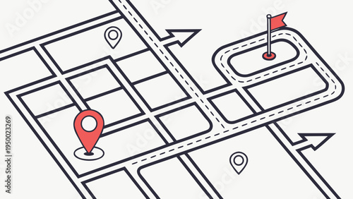A vector graphic illustration of a map with a red location pin and a flag marking a destination