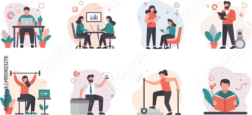 Diverse people engaged in work, fitness, and leisure activities in stylized illustrations
