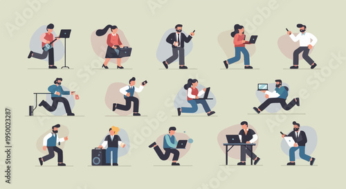 Dynamic figures in motion, engaged with laptops, musical instruments, and briefcases