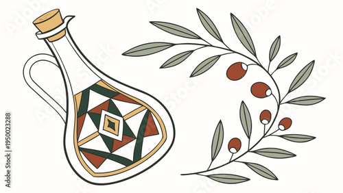 A vector graphic illustration of a decorative olive oil bottle with a geometric pattern and an olive branch, symbolizing Mediterranean cuisine and culture.