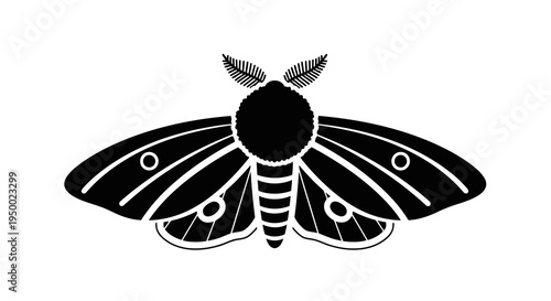 A simple black and white illustration of a moth with distinctive markings.