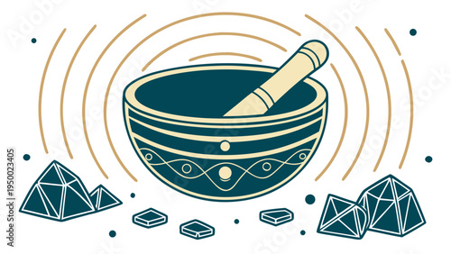 A vector graphic illustration of a singing bowl with crystals and a mallet, surrounded by sound waves.