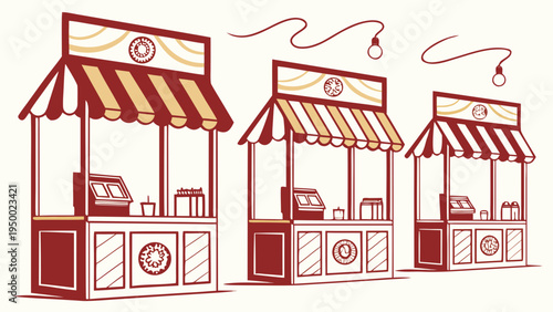 A vector graphic illustration of three food kiosks with striped awnings and red and yellow designs