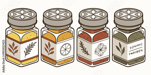 A vector graphic illustration of four glass jars with spice labels and lids, arranged in a row on a white background.