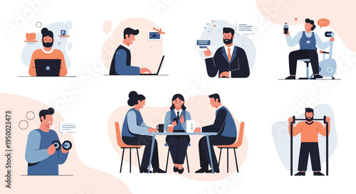 Diverse people engaged in work, fitness, and meeting activities