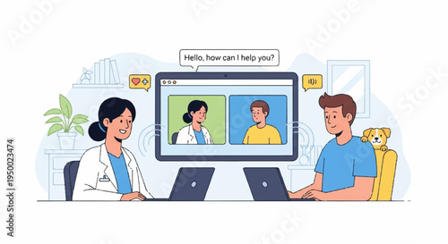 Remote team meeting with doctor and colleagues on video call with dog