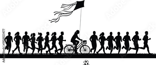Group marathon runners silhouette with cyclist carrying flag, outdoor running event, fitness competition, teamwork sport concept illustration