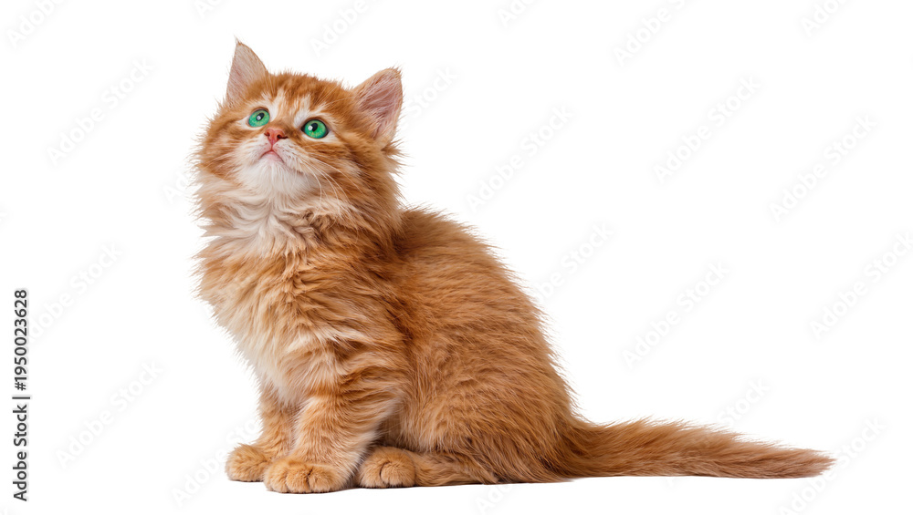 Fototapeta premium Isolated adorable fluffy ginger kitten with stunning green eyes sitting and looking up