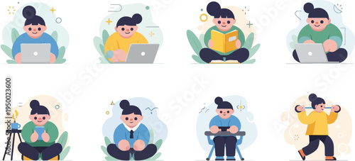 Eight cartoon figures engage in various activities learning, working, reading, and exercising