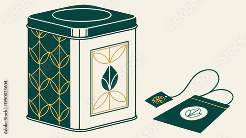A vector graphic illustration of a tea tin and tea bag with a green and gold design