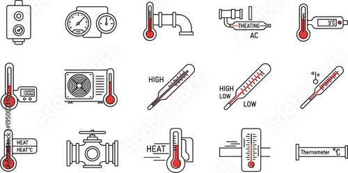 Temperature control and heating system line icon set with thermometer HVAC heat measurement vector illustration