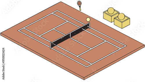 A vector graphic illustration of a clay tennis court with a racket and balls